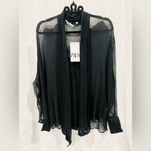 ZARA Black Sheer Scarf Neck Blouse Long Sleeve Bow Tie Top with Inner Camisole